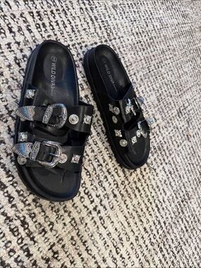 Black Studded Buckle Slide Sandals with Silver Accents